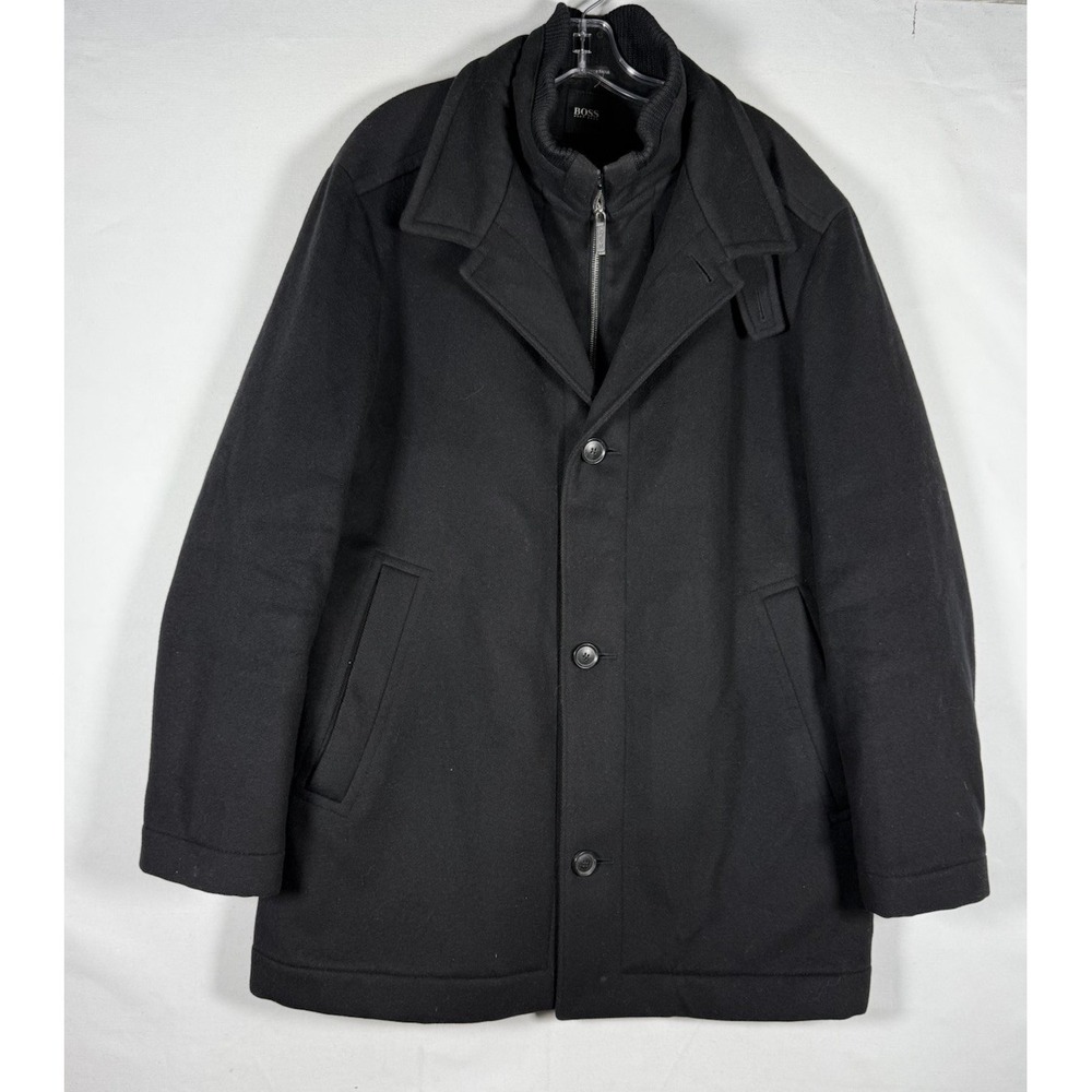 Hugo Boss Formal Pea Coat Mens 42R Black Cashmere Wool Zip Liner Winter Overcoat